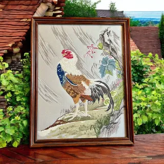 Photo of Vintage Bunka Embroidery Rooster Art-Framed-Japanese Punch Needlework-Textile