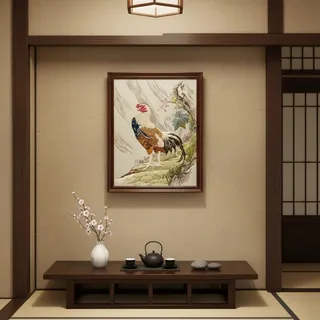 Photo of Vintage Bunka Embroidery Rooster Art-Framed-Japanese Punch Needlework-Textile