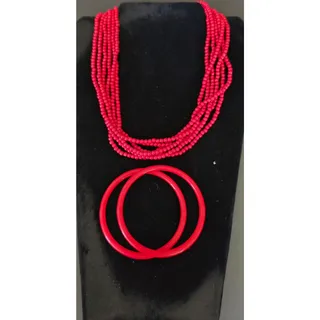 Photo of VTG Red Multi Strand Seed Bead Necklace & 2 Bangle Bracelets Set Boho Statement