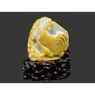 Photo of Natural Untreated Chinese Lavender Jadeite Jade Boulder Skin Carving of Rooster 