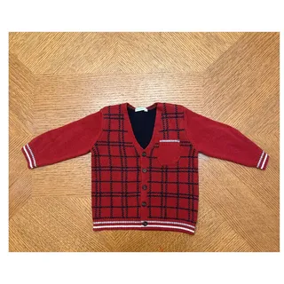 Photo of United Colors Benetton Baby Cardigan 6-9M Red Black Plaid V-Neck Wool Blend