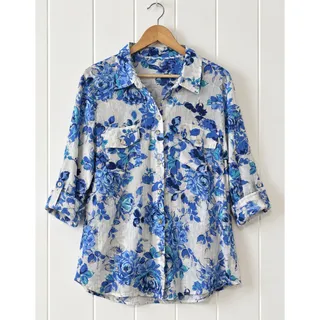 Photo of Karen Scott Woman Blouse Womens 3X Blue Floral 100% Cotton Button Front Plus