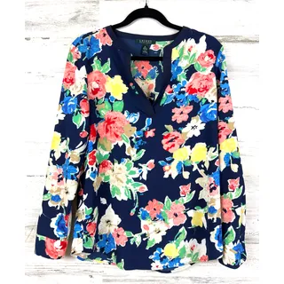 Photo of Lauren Ralph Lauren Womens M Blue Floral Split Neck Tunic Blouse Top NEW