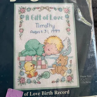 Photo of A Gift Of Love Birth Record Vintage Counted Cross Stitch Kit by Jiffy - 1997