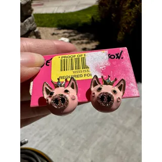 Photo of Betsey Johnson Rose Garden Pig Stud Earrings gold-tone crowns crystal accents 