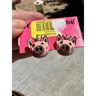 Photo of Betsey Johnson Rose Garden Pig Stud Earrings gold-tone crowns crystal accents 