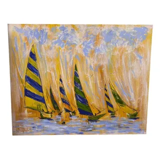 Photo of Monumental 5’ x 4’ Vintage Mid Century Lee Reynolds Vanguard Studios Sailboat Regatta Painting