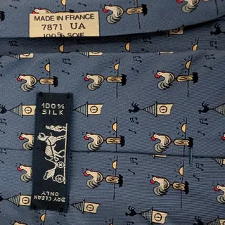 Photo of Vintage Hermès 100% Silk Men's Blue Tie With Roosters & Weathervane