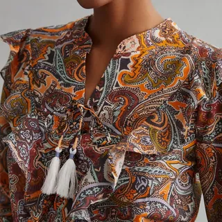 Photo of NWT ANTHROPOLOGIE Paisley Lace Up Ruffle Mini Dress Size 16 Boho Fall