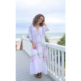 Photo of Simply Southern Womens XL White Multi Boho Cotton Maxi Dress Coastal NEW