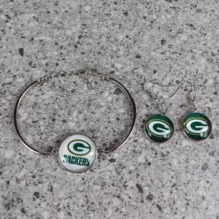 Photo of Green Bay Packers NFL Earrings Bangle Bracelet Bundle Football Fan Jewelry