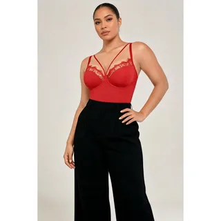 Photo of SHAPELLX Lace Bodysuit Shapewear Red L Plunge Lace Trim Bodysuit