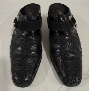 Photo of Brighton Talent Black Leather Laser Cutout Mule Heels Slip On Buckle 7M Brazil
