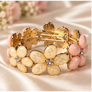Photo of Pink & Cream Floral Rhinestone Stretch Bracelet Gold Tone