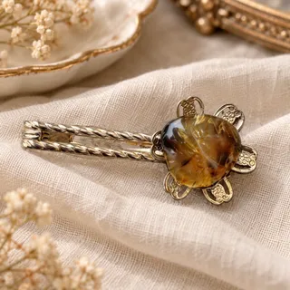 Photo of Vintage Gold Tone Filigree Flower Hair Clip Amber Cabochon Alligator Slide