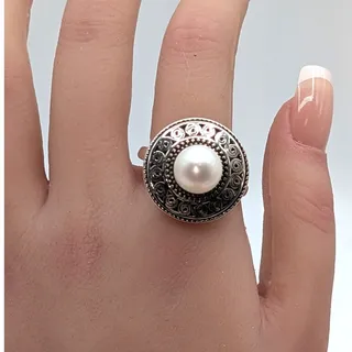 Photo of Vtg Balinese 925 Sterling Filigree Artisan Pearl Designer BBJ Size 11.5 Ring