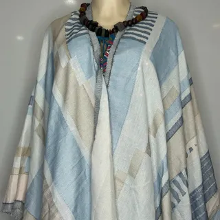 Photo of World Market Blue Cream Geometric Ruana Wrap Fringe Boho One Size NWT