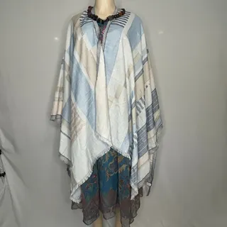 Photo of World Market Blue Cream Geometric Ruana Wrap Fringe Boho One Size NWT