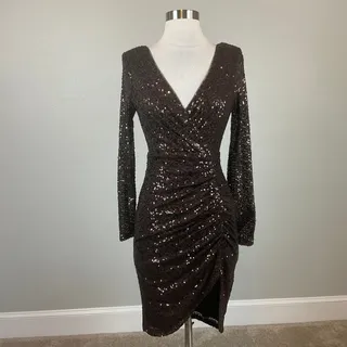 Photo of Betsy & Adam Brown Cocktail Party Dress Sequined Long Sleeved Mini Sheath Size 6