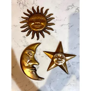 Photo of vintage celestial brass 3 piece wall decor set 90s sun moon star whimsigoth 