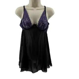 Photo of Babydoll Lingerie Set Sheer Black Purple Lace Matching G String Panty Medium