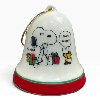 Photo of Vintage 1975 Peanuts Snoopy Woodstock Christmas Bell Ornament Ceramic 2.5"