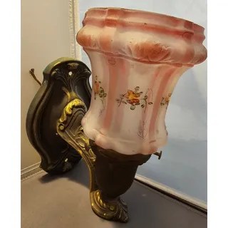Photo of Antique/Vintage Brass Wall Sconce w/Purple & Pink Glass Shade Light Fixture