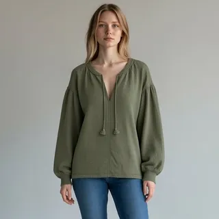 Photo of Aerie Long Sleeve Oversized Pullover Top NWT Women's Sz XS Olive Green Tassels