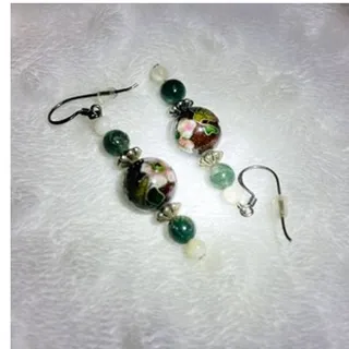 Photo of Vintage Floral Cloisonne Beads w/Jade, White Cat's Eye '95' Silver Earrings  
