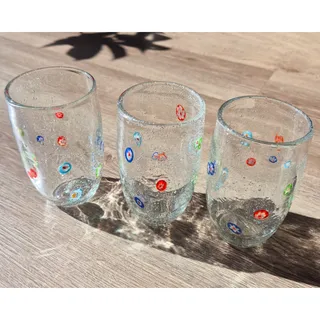Photo of Artland Fiore Hand Blown Bubble Glass Tumblers Millefiori Flowers 17oz Set of 3