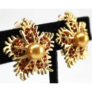 Photo of Sparkling Orange Rhinestone Faux Golden Pearl Earrings • Goldtone • 1" • Clip On