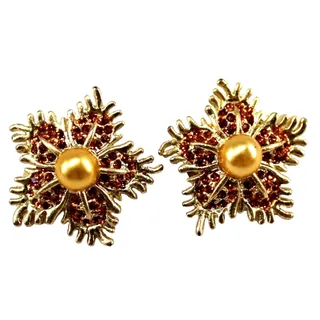 Photo of Sparkling Orange Rhinestone Faux Golden Pearl Earrings • Goldtone • 1" • Clip On