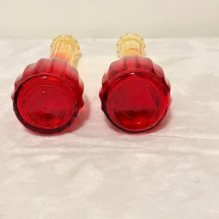 Photo of Pair of Vintage Jeannette Glass 2595 Amberina Ribbed Bud Vases Scalloped Rim 9"