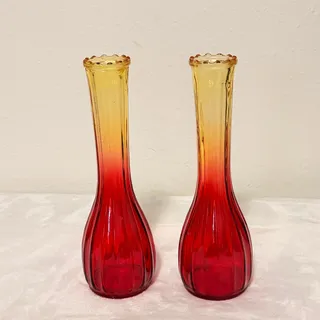 Photo of Pair of Vintage Jeannette Glass 2595 Amberina Ribbed Bud Vases Scalloped Rim 9"