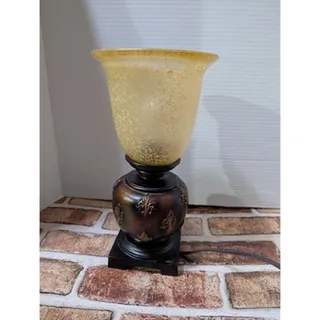 Photo of Vintage Tuscan Accent Table Lamp Amber Frosted Speckled Glass Shade Fleur De Lis