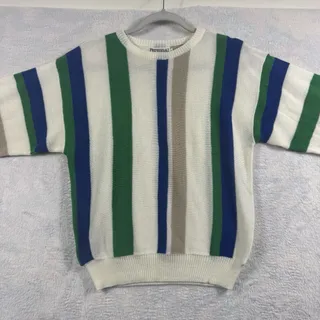 Photo of VTG Personal Vertical Stripe Sweater XL 80s 90s Retro Grandpa Knit Taiwan
