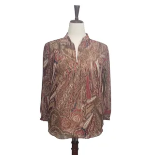 Photo of Chaps Boho Paisley Top Women L Semi Sheer Split Neck Long Sleeve Blouse 