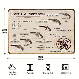 Photo of Tin Sign • Vintage Revolver Pistols • Smith & Wesson • 32, 38-100 & 44 Caliber