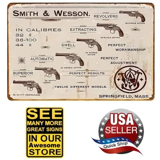 Photo of Tin Sign • Vintage Revolver Pistols • Smith & Wesson • 32, 38-100 & 44 Caliber