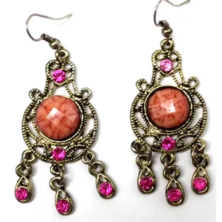 Photo of Vintage Pink Rhinestone Dangle Earrings • Antique Goldtone • 2" Drop • Hook