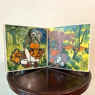 Photo of Vintage Sohoni Hand Painted Indian Ceramic Art Tiles Pair 6” Folk Village Wall D