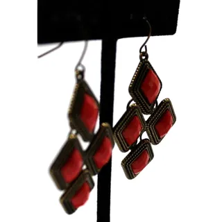 Photo of Orange Plastic Rectangle Dangle Earrings • Antique Goldtone • 2" Drop • Hook