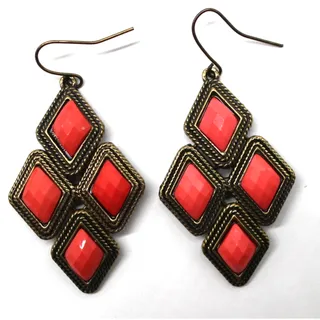 Photo of Orange Plastic Rectangle Dangle Earrings • Antique Goldtone • 2" Drop • Hook