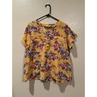 Photo of Flower & Feather Golden Floral V-neck blouse w Gold zipper pockets buttons 2XL