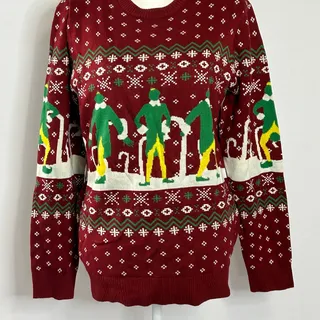 Photo of Elf Buddy Christmas Sweater Small Burgundy Fair Isle Candy Cane Knit Pullover