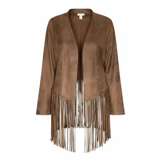 Photo of Chico's Fringe Jacket Faux Suede Women Sz 1 Med  Taupe Cowgirl Western Festival