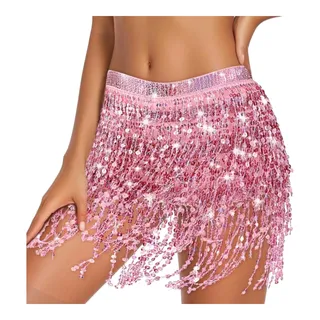 Photo of Sequin Tassel Skirt Pink Fringe Halloween Costume Belly Dance Hip Scarf One Size