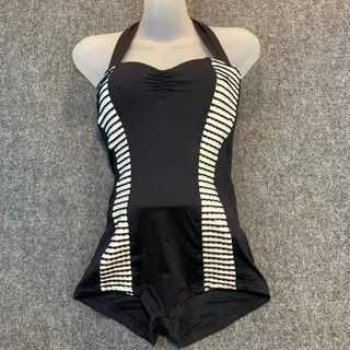 Photo of Seafolly Women 10 Retro 50s PinUp One Piece Black White Halter Swim Bathing Suit