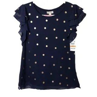 Photo of Maison Jules Navy Gold Polka Dot Flutter Sleeve Blouse Top XS NWT Cotton Modal
