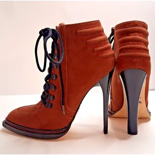 Photo of GX by Gwen Stefani Teardrop Lace Up Bootie Cognac Brown Suede Heel Boot Sz 7.5